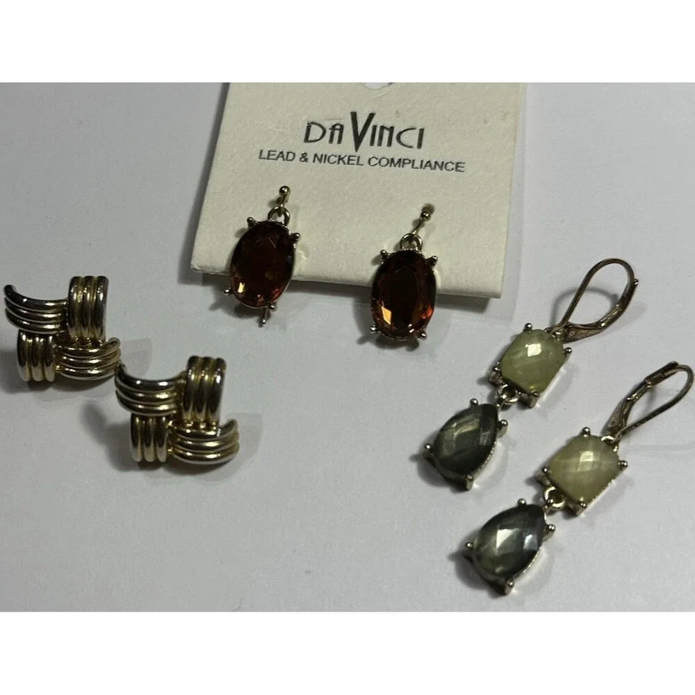 3Pc Mixed Earrings Lot Da Vinci Gemstone Gold Tone Vintage Style New & Used